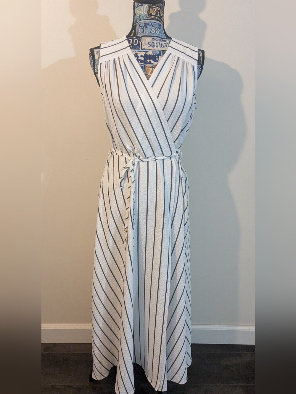 Calvin Klein Sleeveless V-Neck Striped Flowy Faux Wrap Dress